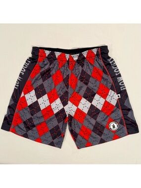 New Flow Society Lacrosse Shorts Mens Medium Red Gray Black Argyle Attack Summer